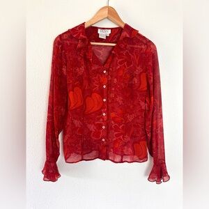 Vintage Y2K Tess Red Silk Sheer Bell Sleeve Top Wimsy S